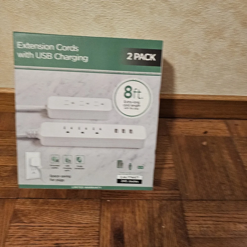 Jasco 2 Pack Extension Cords with USB Charging 8 Ft Extra Long 6 Outlets 3 USB